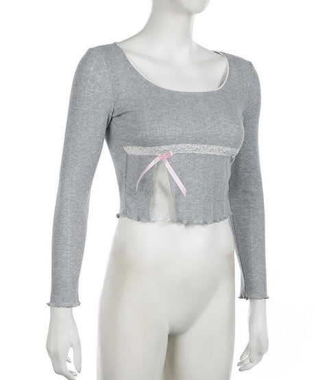 Y2K Coquette Ribbed Long Sleeve Crop Top - Autumn Lace Trim & Bow Accent Tee