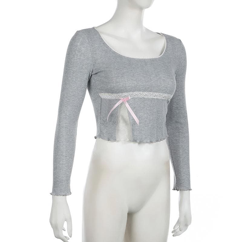 Y2K Coquette Ribbed Long Sleeve Crop Top - Autumn Lace Trim & Bow Accent Tee