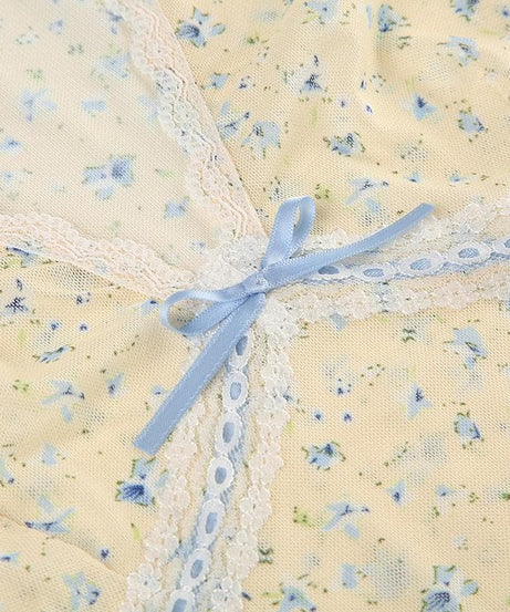 Dainty Coquette Floral V-Neck Top | Romantic Lace Trim & Bow Cap Sleeve Blouse