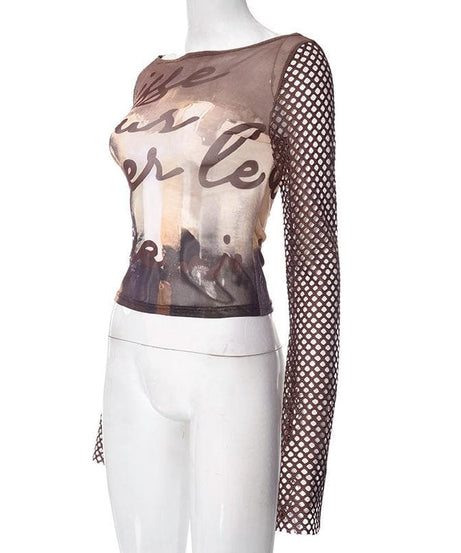 Artistic Mesh Bell Sleeve Top - Edgy Fall Graphic Long Sleeve for Women