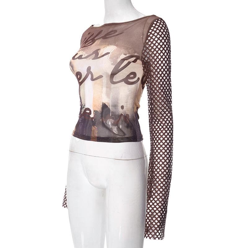 Artistic Mesh Bell Sleeve Top - Edgy Fall Graphic Long Sleeve for Women