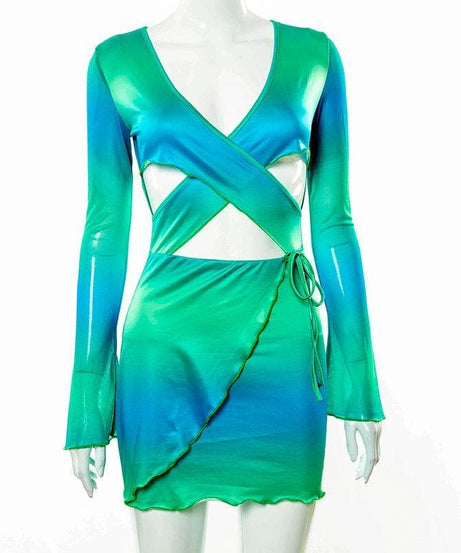 Electric Ombre Cutout Mini Dress - Long Sleeve Tie-Side Bodycon for Fall Nights
