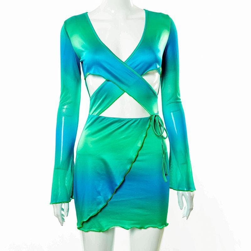 Electric Ombre Cutout Mini Dress - Long Sleeve Tie-Side Bodycon for Fall Nights