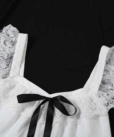 Dreamy White Satin & Lace Babydoll Chemise with Black Ribbon Bow – Elegant Fall Loungewear & Holiday Gift