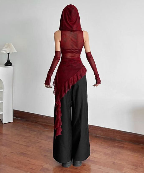 Gothic Enchantress Sheer Mesh Hooded Top | Asymmetrical Cowl Neck & Long Sleeves for Fall & Halloween