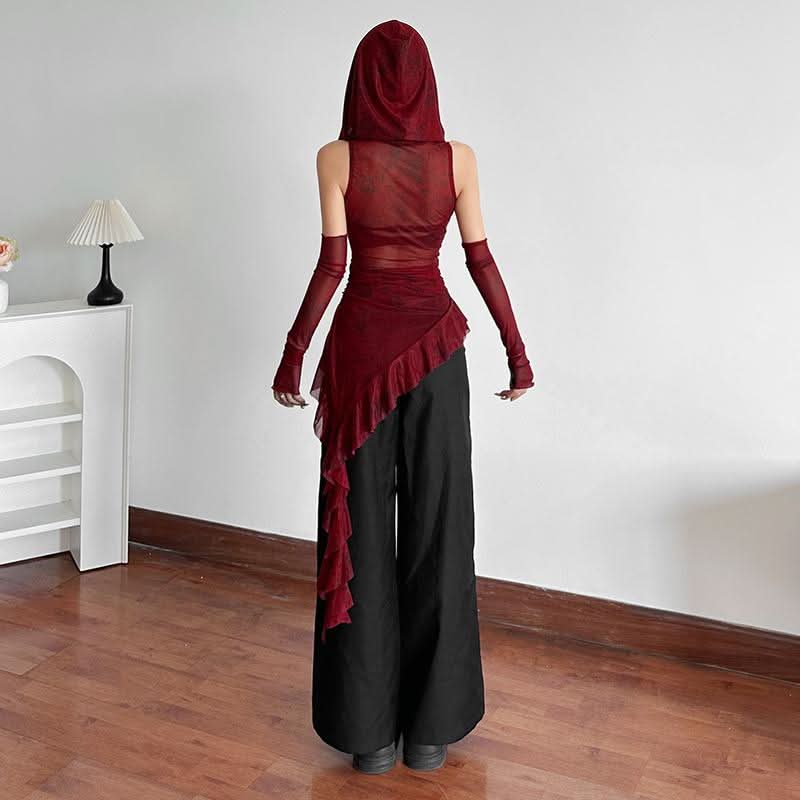Gothic Enchantress Sheer Mesh Hooded Top | Asymmetrical Cowl Neck & Long Sleeves for Fall & Halloween