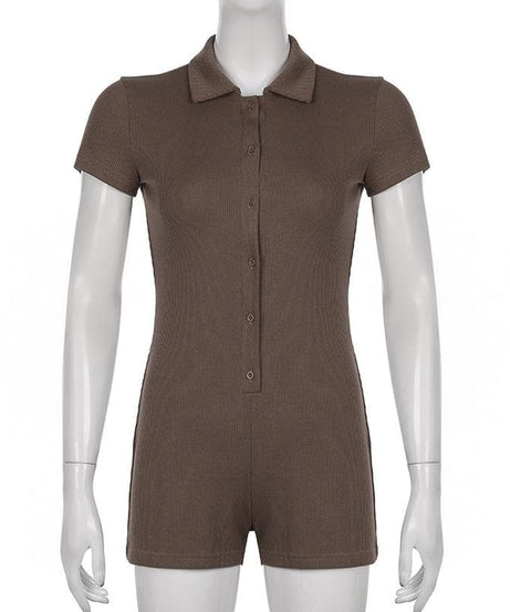 Chic Fall Essential: Women's Ribbed Polo Button Romper - Cozy Espresso Brown One-Piece