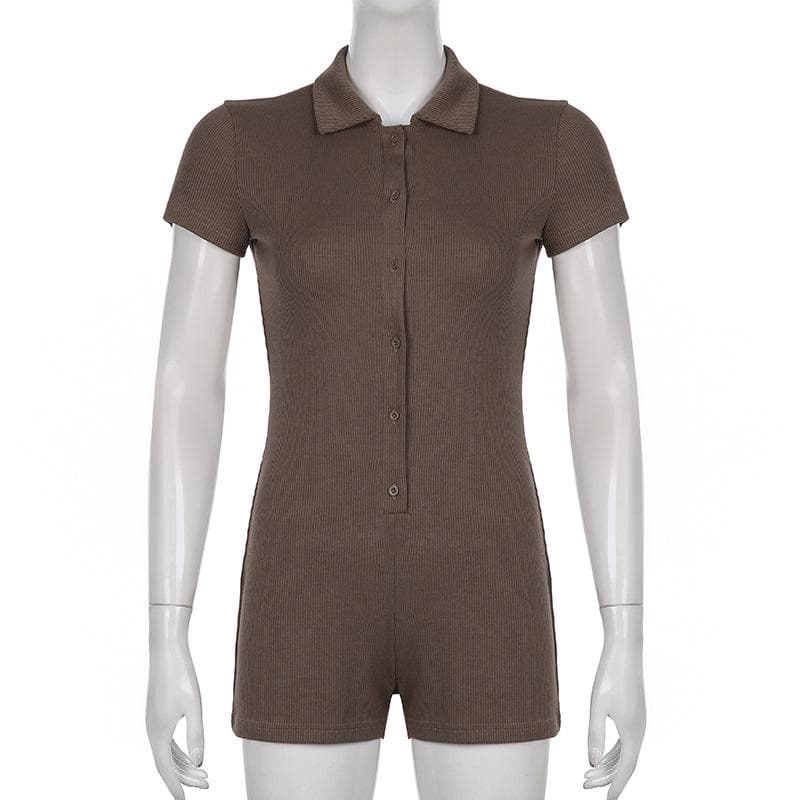Chic Fall Essential: Women's Ribbed Polo Button Romper - Cozy Espresso Brown One-Piece