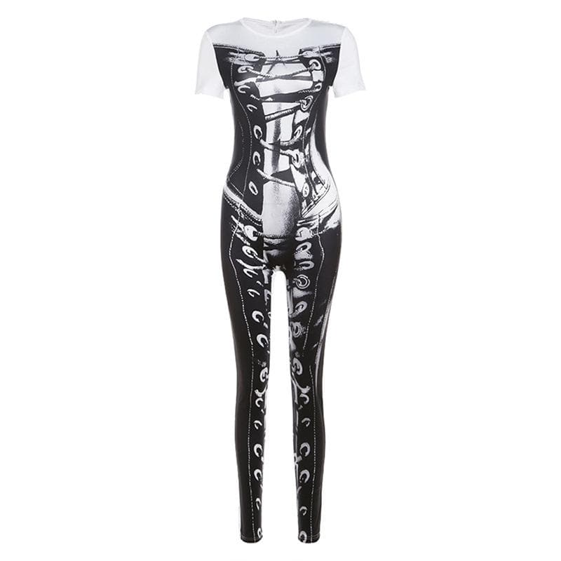 Halloween Ready! Edgy Corset Lace-Up Illusion Print Zip-Up Jumpsuit - Y2K Grunge Bodycon