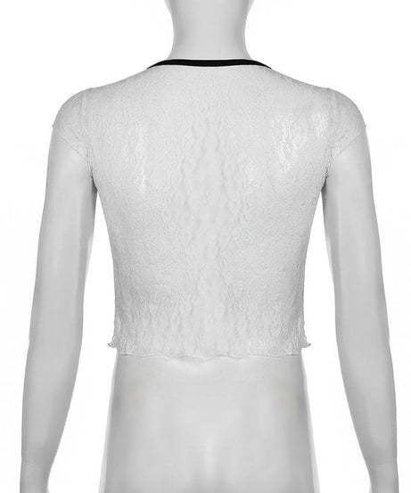 Autumn Allure Sheer Lace Crop Top | Romantic V-Neck, Bow & Contrast Trim | Trendy Fall Going Out Piece