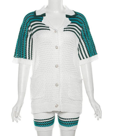 Cozy Knit Polo Top & Shorts Set - Effortless Green & White Fall Loungewear
