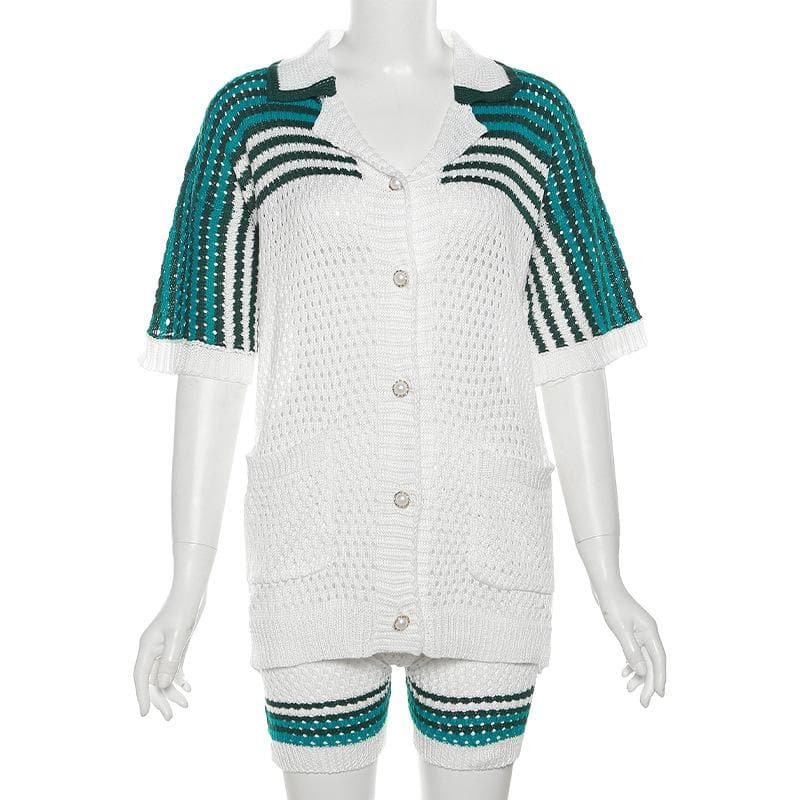 Cozy Knit Polo Top & Shorts Set - Effortless Green & White Fall Loungewear