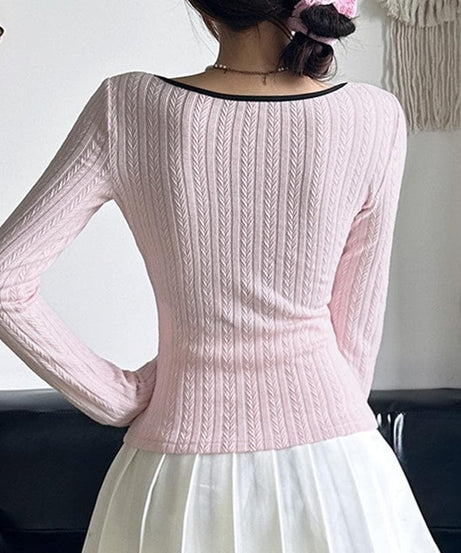 Sweetheart Pink Ribbed Knit Top - Chic Square Neck Long Sleeve with Ruffle & Bow Detail for Fall