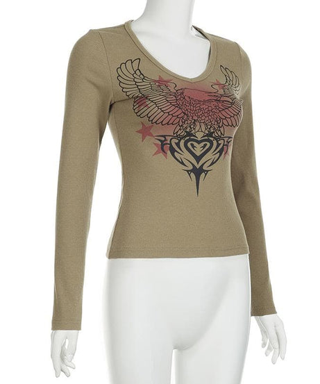 Y2K Grunge Eagle & Tribal Graphic Ribbed V-Neck Long Sleeve Top - Fall Fashion 2025