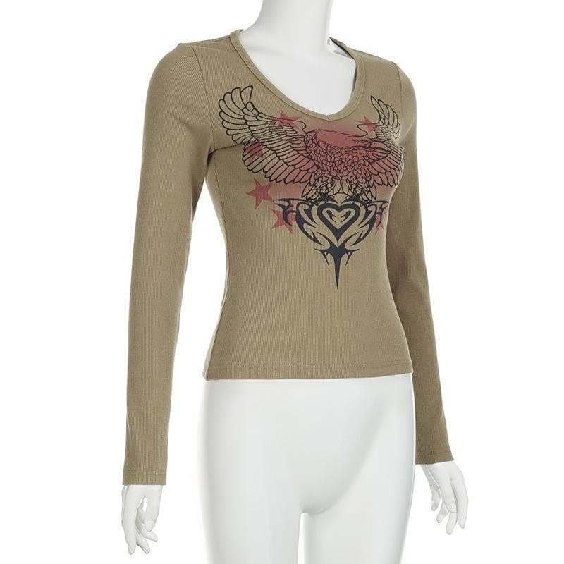 Y2K Grunge Eagle & Tribal Graphic Ribbed V-Neck Long Sleeve Top - Fall Fashion 2025