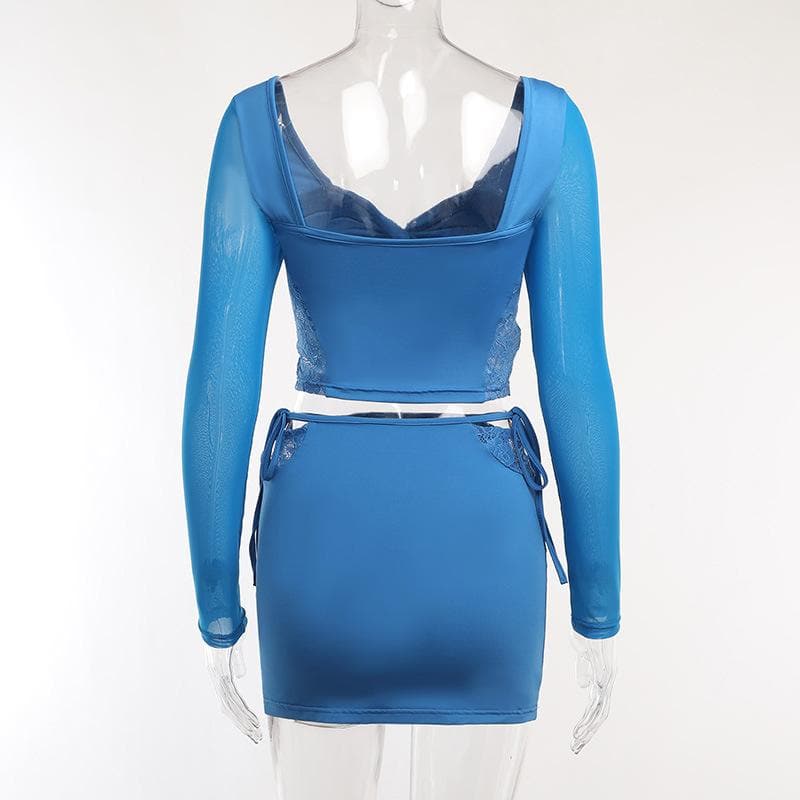 Royal Blue Obsession: Mesh & Lace Cutout Mini Skirt Set - Fall Night Out