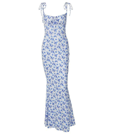 Chic Blue Floral Tie-Shoulder Maxi Dress - Elegant Mermaid Hem for Fall Events & Tropical Getaways
