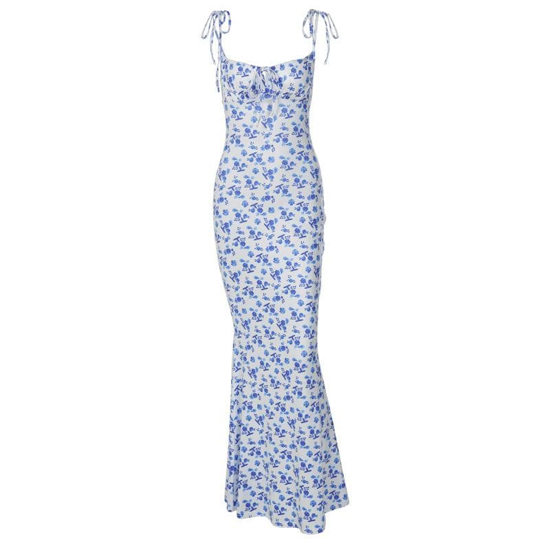 Chic Blue Floral Tie-Shoulder Maxi Dress - Elegant Mermaid Hem for Fall Events & Tropical Getaways