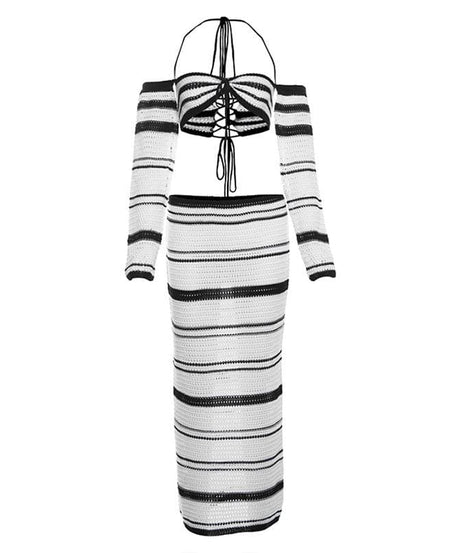 Effortless Fall Style: Striped Knit Maxi Skirt & Lace-Up Off-Shoulder Top Set
