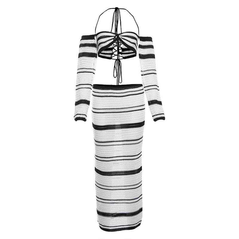 Effortless Fall Style: Striped Knit Maxi Skirt & Lace-Up Off-Shoulder Top Set