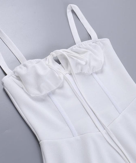 White Drawstring Ruched Bustier Mini Dress - Flirty Cami Cutout for Parties, Vacations & Halloween