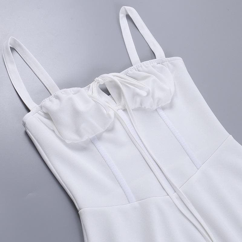 White Drawstring Ruched Bustier Mini Dress - Flirty Cami Cutout for Parties, Vacations & Halloween