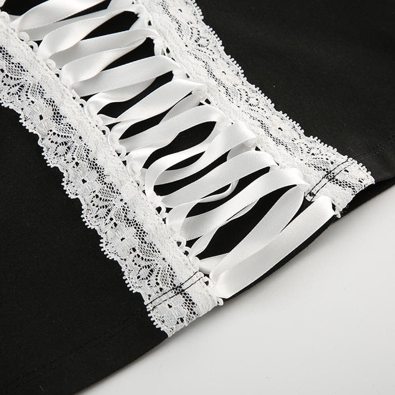 Dark Romance Sweetheart Corset Cami Top - Black & White Lace-Up Elegance