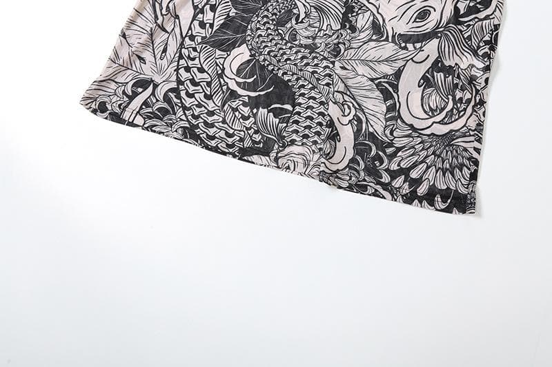 Artistic Koi Mesh Maxi Dress - Elegant High-Neck Fall Statement Piece