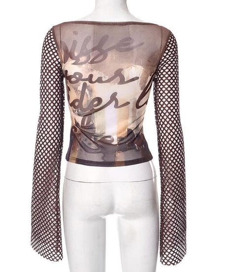 Artistic Mesh Bell Sleeve Top - Edgy Fall Graphic Long Sleeve for Women