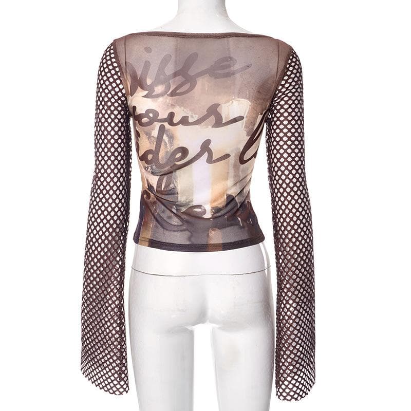 Artistic Mesh Bell Sleeve Top - Edgy Fall Graphic Long Sleeve for Women