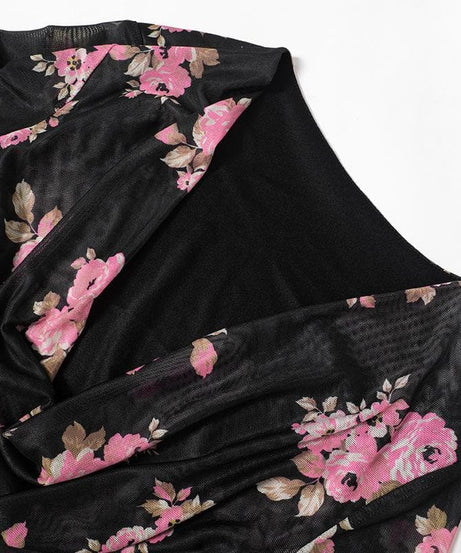 Enchanting Fall Floral Mesh Mini Dress | Chic Cowl Neck & Bell Sleeves