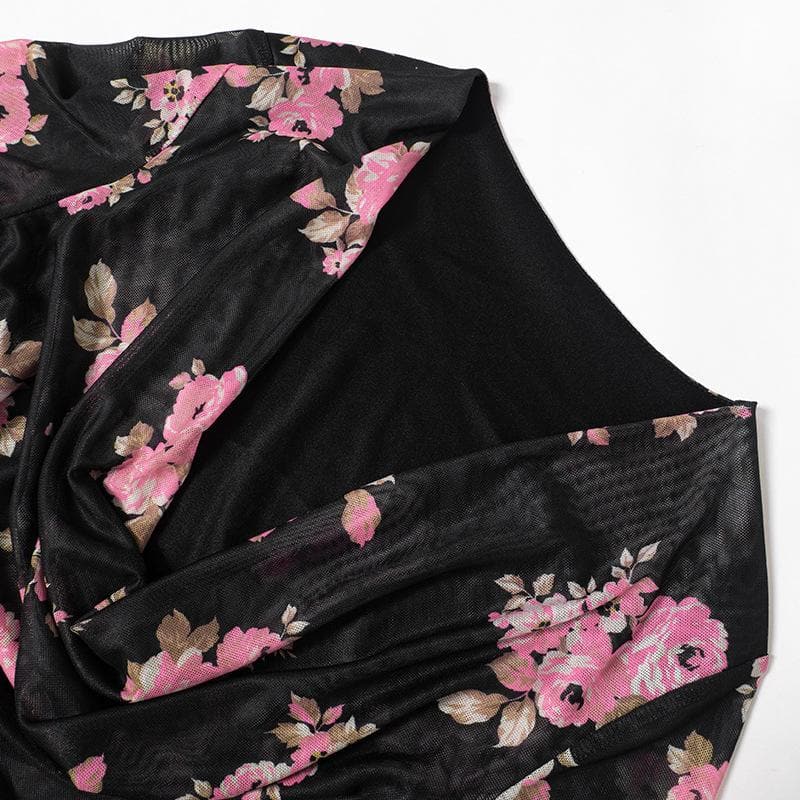 Enchanting Fall Floral Mesh Mini Dress | Chic Cowl Neck & Bell Sleeves