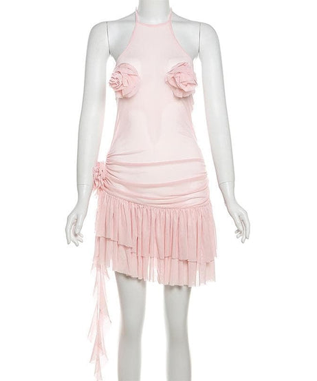Coquette Dream Pink Halter Mini Dress | Sheer Mesh & Ruffle Flowers for Fall Parties