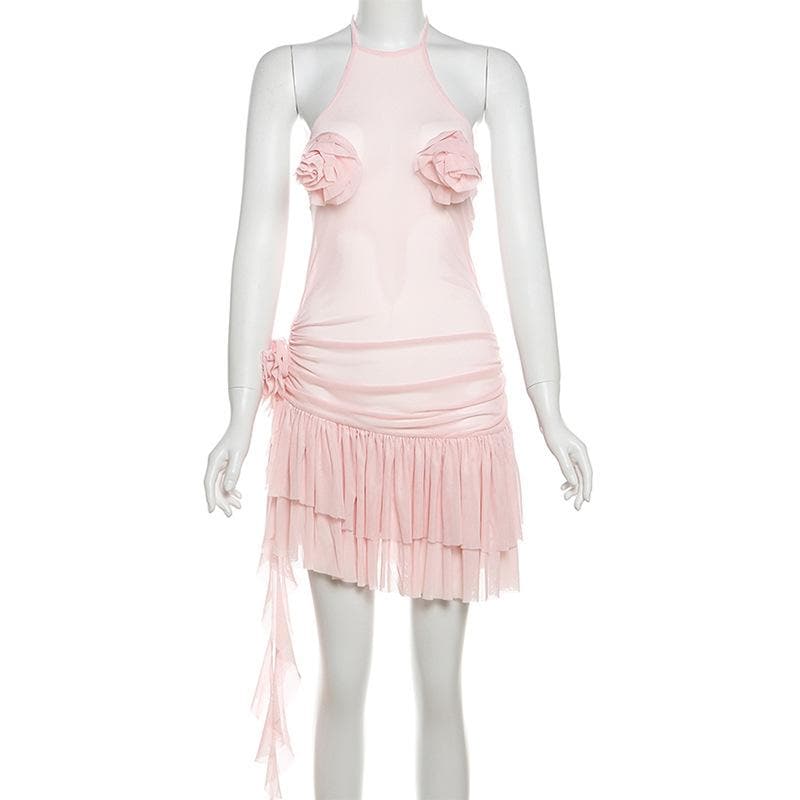 Coquette Dream Pink Halter Mini Dress | Sheer Mesh & Ruffle Flowers for Fall Parties