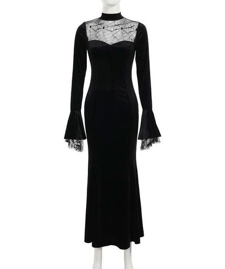 Haute Halloween: Black Velvet Spiderweb Maxi Dress - Elegant Gothic Glamour