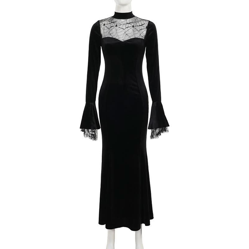 Haute Halloween: Black Velvet Spiderweb Maxi Dress - Elegant Gothic Glamour