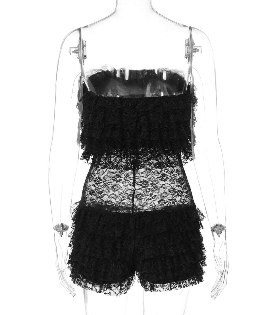 Sexy Black Lace Ruffle Romper - Strapless Tube Top Playsuit for Halloween & Fall Parties