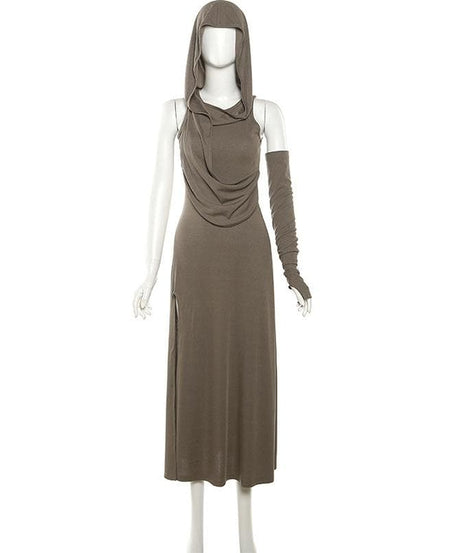 Effortless Autumn Style: Hooded Maxi Dress with High Slit & Arm Warmer Set