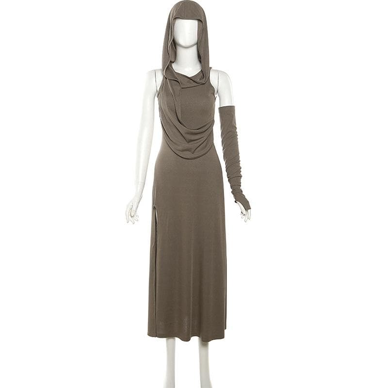 Effortless Autumn Style: Hooded Maxi Dress with High Slit & Arm Warmer Set
