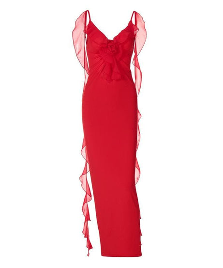 Siren Red Backless Ruffle Maxi Dress - Holiday Gala & Fall Elegance