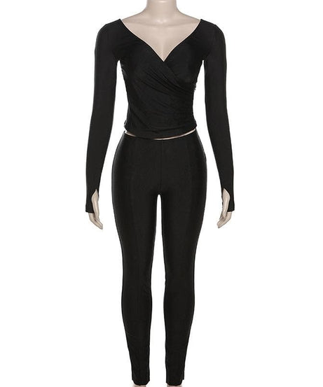 Chic Fall Athleisure: Black Ruched V-Neck Wrap Top & Leggings Set with Thumbholes