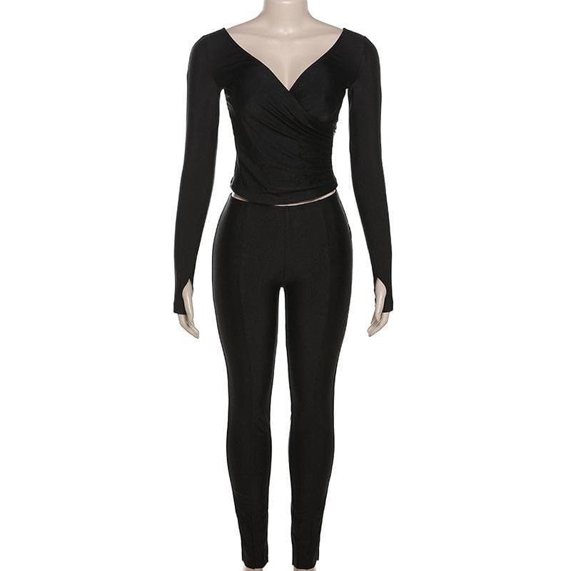 Chic Fall Athleisure: Black Ruched V-Neck Wrap Top & Leggings Set with Thumbholes