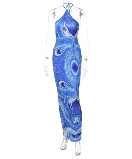 Effortless Chic Blue Marble Swirl Halter Maxi Dress – Your Go-To for Vacations & Glam Getaways
