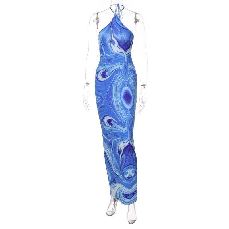 Effortless Chic Blue Marble Swirl Halter Maxi Dress – Your Go-To for Vacations & Glam Getaways