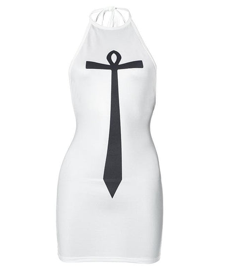 Mystic Ankh Tie Halter Mini Dress - Chic Backless Bodycon for Fall Parties