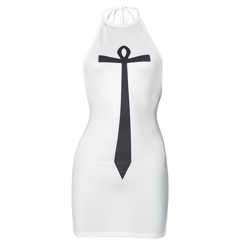 Mystic Ankh Tie Halter Mini Dress - Chic Backless Bodycon for Fall Parties