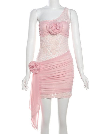 Stunning Pink Lace One-Shoulder Mini Dress with 3D Floral Appliques - Your Fall & Holiday Party Must-Have