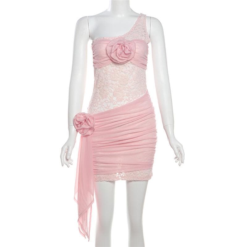 Stunning Pink Lace One-Shoulder Mini Dress with 3D Floral Appliques - Your Fall & Holiday Party Must-Have