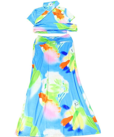 Chic Abstract Print Maxi Skirt Set – Vibrant Two-Piece Co-ord for Your Next Getaway
