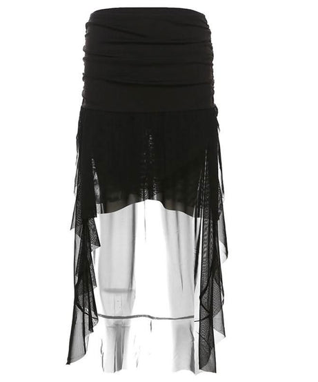 Dramatic Gothic High-Low Mesh Skirt - Fall Edgy Ruffle Maxi for Halloween